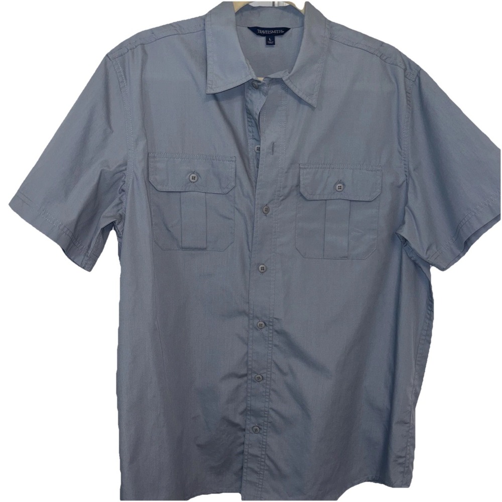 TravelSmith Mens Short Sleeve Blue Button Up Shirt Travel Pockets Large